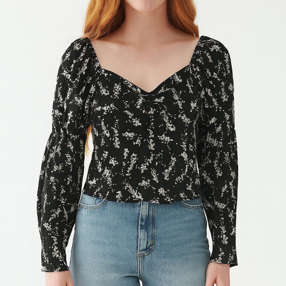 ANTHROPOLOGIE‎ Floral Sweetheart crop top long sleeve black white S